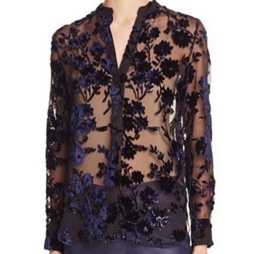 Alice + Olivia Black and Blue Floral Sheer Top